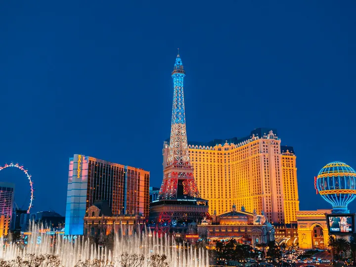 The Las Vegas skyline at blue hour with the Strip's towers lit