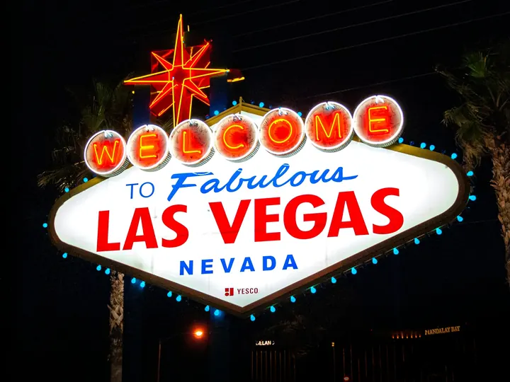 The Welcome to Fabulous Las Vegas sign glowing at night